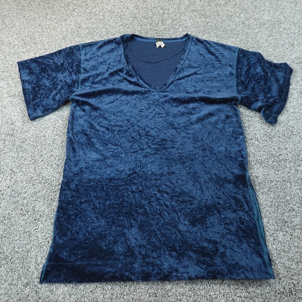We The Free People Shirt Womens M Blue Velvet V Neck Short Sleeve T Shirt Tunic